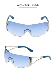 Detail view of rimless Y2K sports sunglasses with gradient blue lenses and silver metal frame