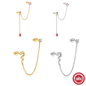 925 Sterling Silver Ear Thread Tassel Chain Earrings Color Zirconia Snake Stud Earrings Geometric Small Dangle Earrings For Women Jewelry