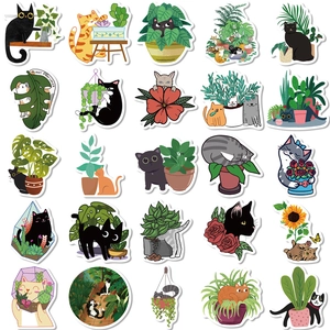 50pcs waterproof cat and plant stickers for laptop and DIY creative decoration