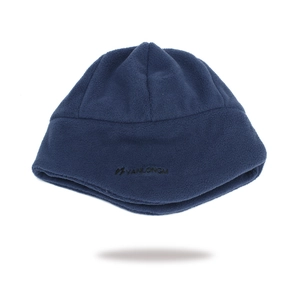 Detail view of thickened navy fleece balaclava showing warm texture and embroidery