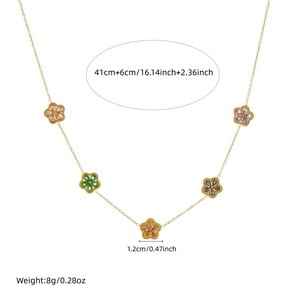 Gold stainless steel flower necklace with five colorful pendants and adjustable chain link