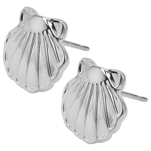 Macro view of silver shell-shaped 304 stainless steel stud earrings with fan textures