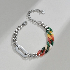 Colorful acrylic and silver stainless steel chain bracelet for women on gray background