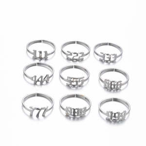 Nine-piece set of silver gothic angel number rings featuring 111-999 adjustable bands