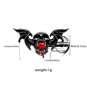 Detailed size specifications for Gothic bat skull jewelry with red heart stone