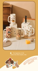Set of four cute cartoon dog ceramic mugs with cylindrical shape and premium gift box