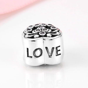 S925 sterling silver heart charm with LOVE engraving and pink flower zircon inlays