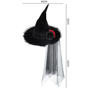 Gothic black witch hat with red flowers and mesh veil, 40cm wide for Halloween cosplay