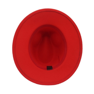Top view of red wool felt fedora hat showing interior sweatband and product label