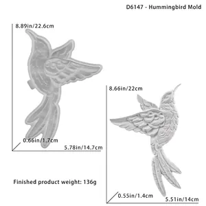 Dimensions détaillées des moules en silicone colibri avec textures de plumes pour art mural