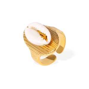 French minimalist gold open ring with white seashell inlay and textured metal finish