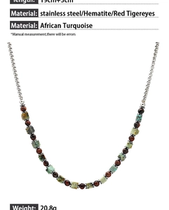 Dettaglio del bracciale con ematite, occhio di tigre rosso e turchese in acciaio inox