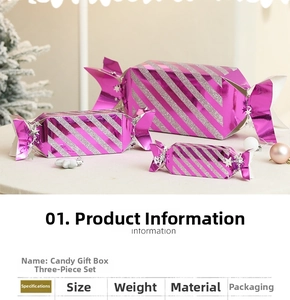 Three-piece pink metallic candy-shaped gift boxes with silver glitter stripes and star detail