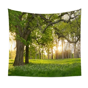 Detailed texture of forest landscape tapestry showing sunlit trees and vibrant flowers