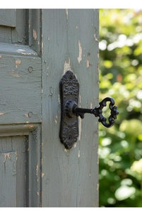 Gros plan d'une clé en fonte vintage et d'un écusson orné sur une porte en bois