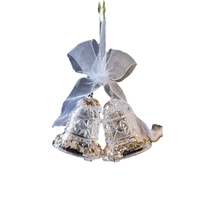 Christmas hanging bell ornament with white bow and golden sequins for tree decoration