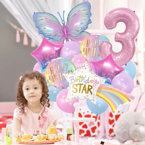 Gradient butterfly balloon set with pink number 3 for girls birthday party decoration