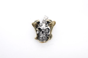 Detailed shot of skull and cobra pendant in dual-tone silver and gold finish