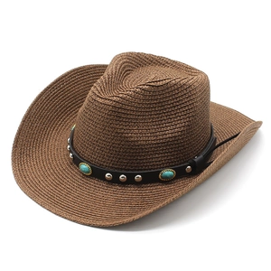 Western Cowboy Straw Hat Sun Protection Wide Brim Ethnic Turquoise Decor Paper Straw Beach Vacation Panama Jazz Hat