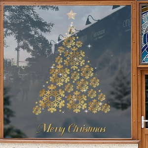 Golden snowflake Christmas tree static window sticker for glass door festive decoration