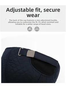 Detail of adjustable metal buckle and quilted diamond pattern on winter warm hat