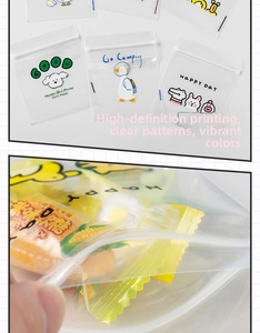 Detail of cute cartoon transparent resealable storage bags with candy inside