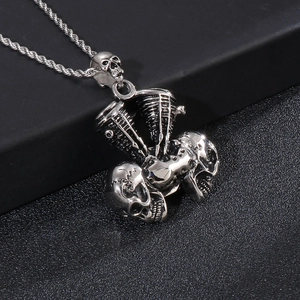Men's punk stainless steel skull and V-twin engine pendant with twist chain