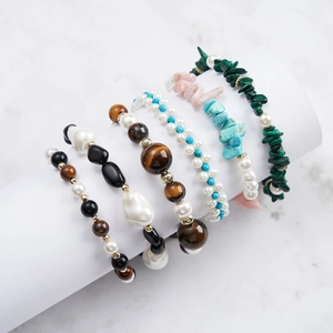 Set of 6 natural faceted bead bracelets in assorted colors with bohemian style accents
