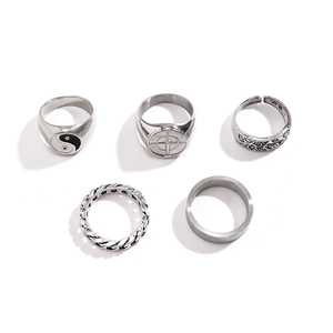 Five-piece silver vintage ring set featuring Tai Chi and star compass punk styles