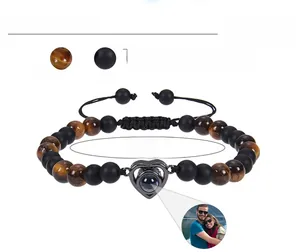 Adjustable 6mm tiger eye and matte bead bracelet with heart photo projection charm
