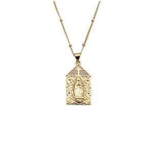 Golden Virgin Mary pendant necklace with cross and sparkling cubic zirconia stones
