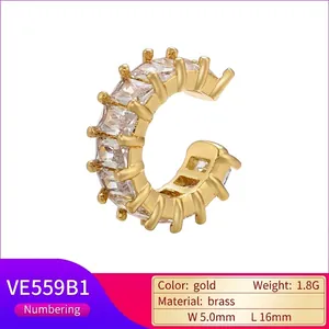 Gold-plated C-shaped ear cuff with pave-set square cubic zirconia stones for women