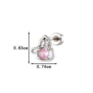 Silver gourd-shaped titanium steel stud earring with pink stone and bow detail, 0.83cm size