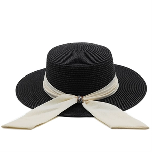 Elegant vintage black wide brim straw hat with cream chiffon ribbon and rhinestone buckle