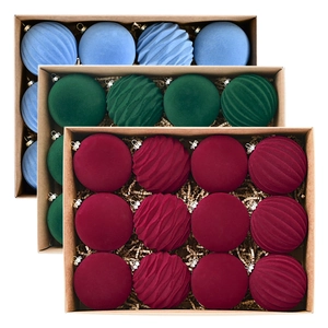 8cm flocked Christmas ball ornament set in burgundy, dark green and blue in kraft boxes