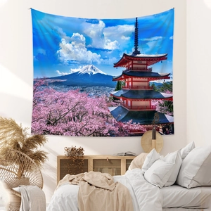 Detailed macro view of a bohemian Mount Fuji tapestry featuring cherry blossoms and pagoda
