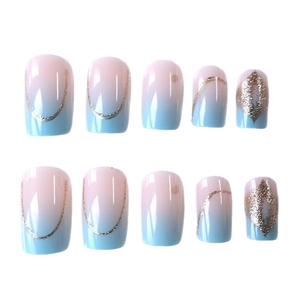 Blue and pink gradient press-on nails with gold glitter accents and rhombus sequins