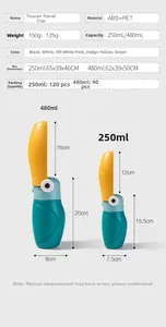 Detail view of toucan-shaped pet water bottle showing 250ml and 480ml size specifications