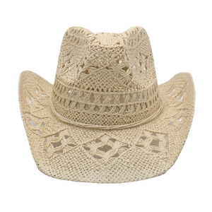 Detail of the openwork hollow weave pattern on a beige straw western cowboy hat