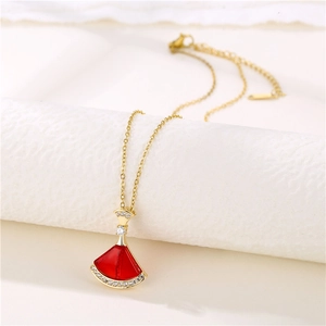18K gold plated necklace with a red resin fan pendant and sparkling zircon accents