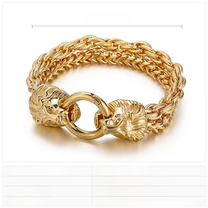 Detailed view of punk lion head clasp on double-row stainless steel men's bracelet