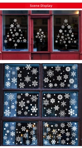 White snowflake window decals with Christmas tree patterns on glass surface