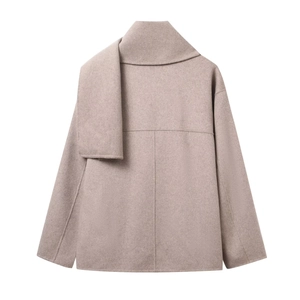 Women's minimalist beige wool coat with unique scarf collar and elegant back view
