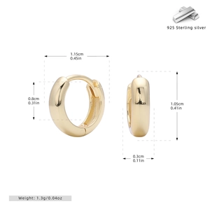 Detailed size specifications for 925 sterling silver huggie earrings with gold plating
