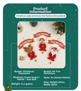 Detailed view of reindeer and Santa ornaments with bells and Feliz Navidad banners