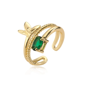 18K gold plated wheat leaf open ring with green zircon and twisted rope band texture