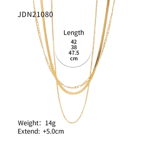 Detailed specs for gold layered necklace with 38/42/47.5cm lengths and 14g weight info