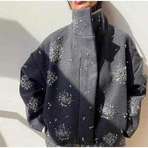 Women's Vintage Sequin Snowflake Embroidered Wool Jacket Stand Collar Single Breasted Loose Street Fashion Coat Top