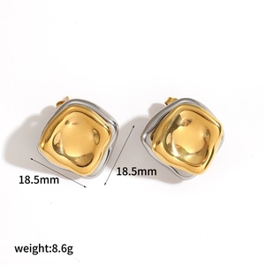 Detail view of two-tone square earrings measuring 18.5mm and weighing 8.6g