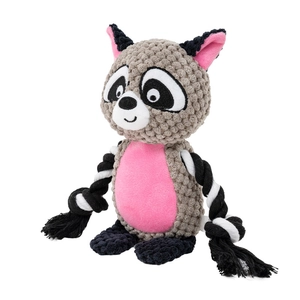 Detail of plush raccoon dog toy with durable cotton ropes for pet dental health